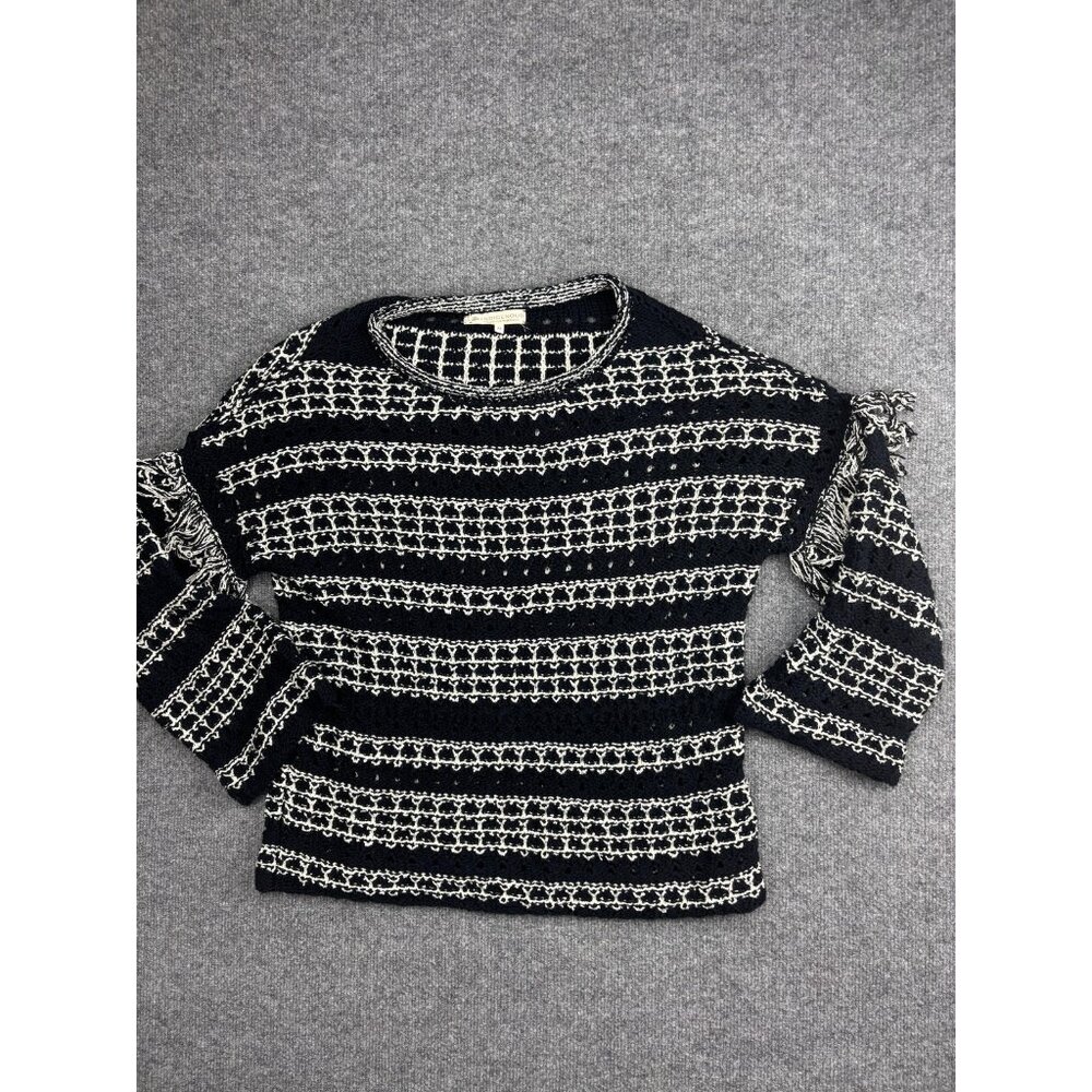 Indigenous Sweater Womens Medium‎ Black Striped Fringe Bell Sleeve Knit Pullover